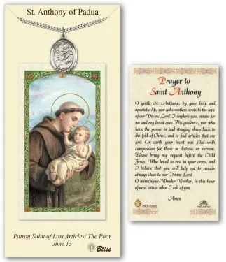 Vista 2 de Peltre St San Antonio de Padua Medalla Collar con Colgante sobre una 24en acero inoxidable plata pesada cadena con una tarjeta de oración Prayer To