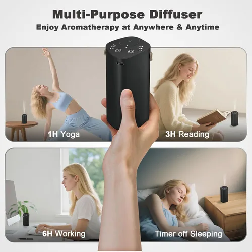 Vista 7 de Difusor de aceite esencial sin agua con asa, difusor de aroma para automóvil, hogar, oficina, baño, con temporizador, pequeño difusor de Negro