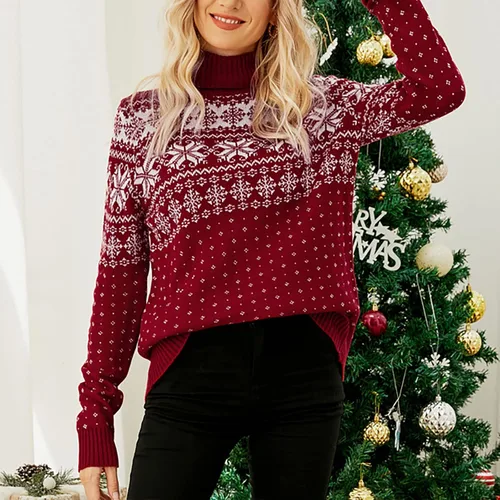 Vista 4 de Suéter de Navidad para mujer, diseño de copo de nieve, suéter de punto suave, cuello alto, estampado, ropa de Navidad