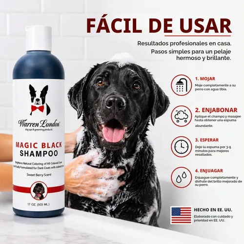 Vista 6 de Warren London Magic Black Dog Shampoo - Champú iluminador para abrigos oscuros, aroma a bayas, seguro para cachorros y gatos, fabricado en Estados
