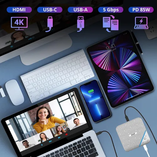 Vista 4 de AVLT USB-C altavoz Hub, micrófono de conferencia de sonido omnidireccional de 360° con carga PD de 85 W, transferencia de datos de 5 Gbps, salida