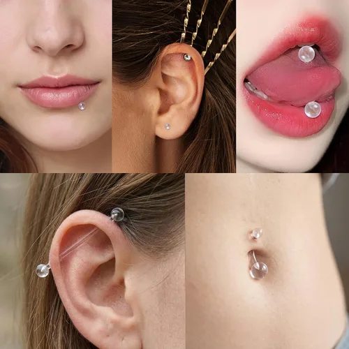 Vista 7 de 60 piezas de retenedores de nariz transparentes Bioflex acrílicos para el trabajo escolar, nariz, vientre, pezón, lengua, tabique, cejas, labios
