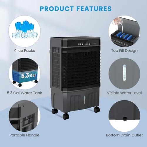 Vista 5 de Zynkez Enfriador portátil de pantano de 1800CFM para interiores y exteriores, enfriador de aire evaporativo 3 en 1 con tanque de agua de 5.3