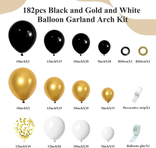 Vista 2 de Kit de arco de guirnalda de 182 globos negros y dorados, globos de confeti negros, blancos y dorados metálicos de látex de 5, 10, 12 y 18 pulgadas