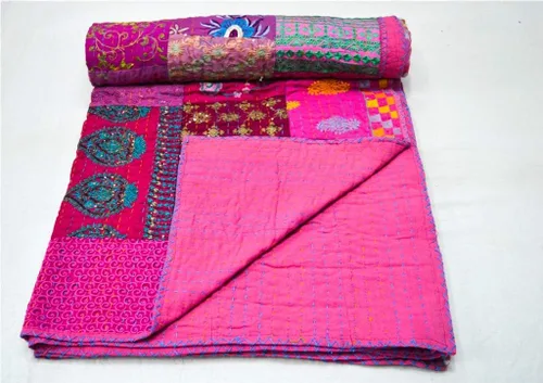 Vista 6 de Colcha Kantha de algodón Queen Khambadiya hecha a mano Kantha, colcha para cama, color negro, 90 x 108 pulgadas