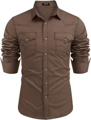 Vista 13 de COOFANDY Camisa vaquera de manga larga para hombre, de algodón, con botones, estilo casual, con bolsillos 01-Negro