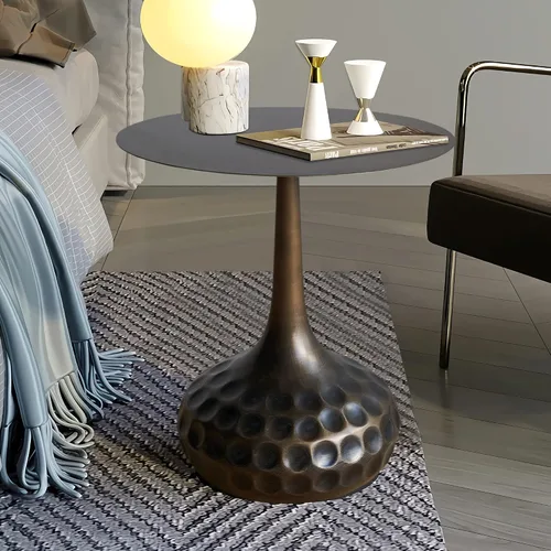Vista 4 de Mesa auxiliar, mesa de centro moderna, mesa decorativa de hierro con pedestal de metal para sala de estar, dormitorio, balcón, oficina
