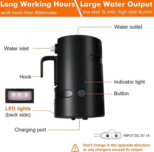 Vista 4 de Ducha portátil para campamento, 4400 mAh, recargable por USB, IPX7, impermeable, bomba de ducha con batería + cubo plegable para campamento Negro