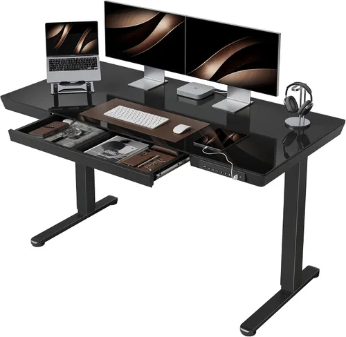 Vista 9 de CubiCubi Escritorio eléctrico de pie con cajones de 48 × 24, escritorio de cristal de altura ajustable de una pieza, escritorio de pie ajustable