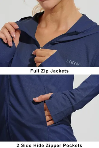 Vista 3 de Libin sudadera con capucha para mujer, con cremallera completa, UPF 50+, capucha con protección solar, de manga larga, para senderismo