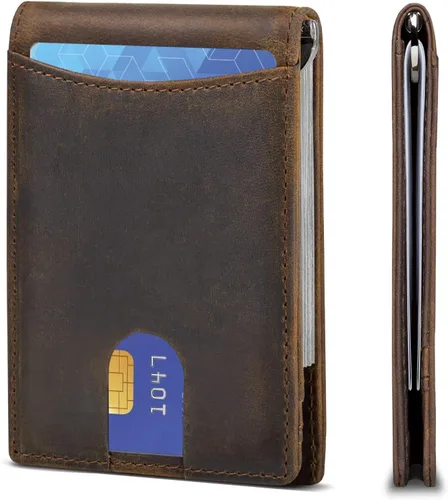 Vista 5 de HRS Cartera de cuero genuino para hombre, Marrón, 12 ranuras para tarjetas