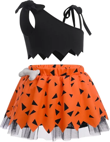 Vista 2 de IDOPIP Disfraz de Bam Bam para niños, disfraz de cavernícola, de la edad de piedra para niña, niño, Halloween, cosplay, sesión de fotos, 6M-6T