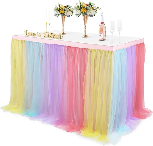 Vista 9 de Faldas de mesa de tul champán de 6 pies para cubiertas de mesas rectangulares, falda de mesa de tela tutú con volantes, 72X30.3'' mantel de tul