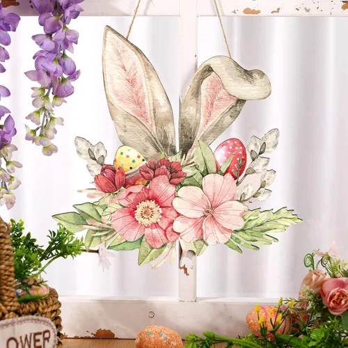 Vista 2 de Juexica Coronas de Pascua para puerta delantera, letrero de madera de bienvenida, colgador de puerta, decoración de primavera, placa colgante