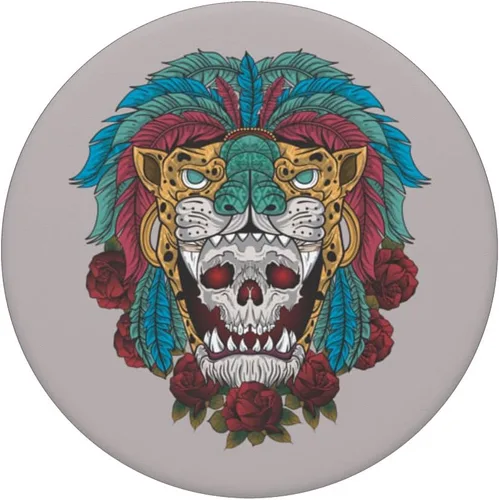 Vista 3 de Calavera del mitico guerrero jaguar azteca mexicano PopSockets PopGrip intercambiables