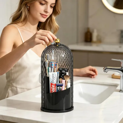 Vista 4 de Organizador de brochas de maquillaje con tapa, soporte giratorio de 360 grados para brochas de maquillaje con tapa, almacenamiento de brochas de Dia