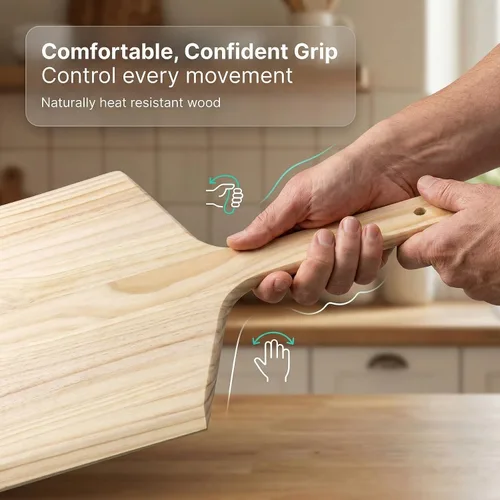 Vista 7 de KitchenDine Pizza Peel de 16 pulgadas, paleta de madera para pizza con asa, grande de 16 x 14 pulgadas, tabla de pizza de madera de pino para horno