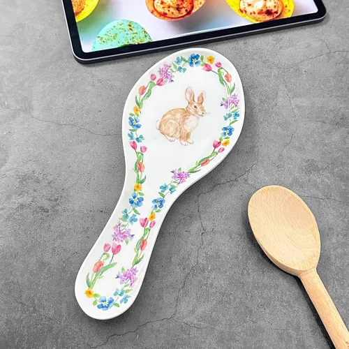 Vista 4 de UP ware - Soporte para cuchara de melamina con diseño floral de conejito para estufa, encimera de cocina y mesa de comedor, 9.625 pulgadas Floral