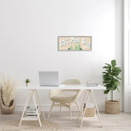 Vista 2 de Stupell Industries NYC Plant Shop Green Grass Skyline Est. 1965, diseño de Daphne Polselli - Arte de pared enmarcado gris, 24 x 10 pulgadas