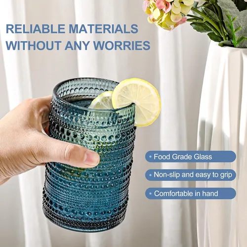 Vista 4 de ZMOWIPDL Juego de Cristalería Vintage de 12 Vasos para Beber, Azul 12oz y 15oz Vasos de Vidrio Hobnail, Vaso de Agua en Relieve, para Cerveza