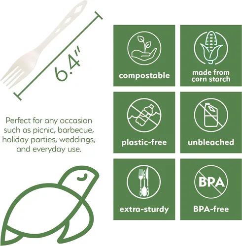 Vista 2 de Tenedores desechables CPLA 100% compostables (paquete de 100). Juego de cubiertos no plásticos. Cubiertos ecológicos, cubiertos blancos, utensilios