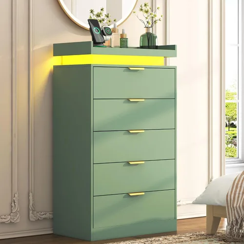 Vista 13 de UNIQUITE Cómoda negra con luces LED y toma de corriente, cómoda alta de madera con 4 cajones para dormitorio, cómoda moderna para dormitorio