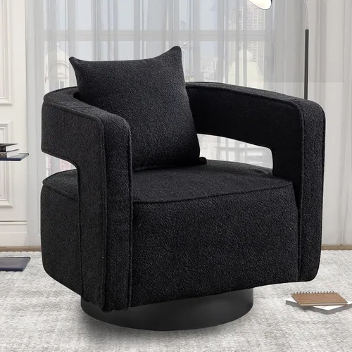 Vista 9 de Silla giratoria decorativa, silla moderna de barril para sala de estar, silla cuadrada cómoda de 360 grados con respaldo abierto, silla tapizada