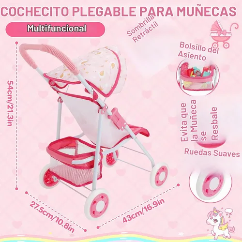 Vista 3 de deAO Juego de Cochecito de Muñeca Bebé con Muñecas Bebé de 12" Juego de Guardería de 17 PIEZAS Accesorios para Muñecas Bebé con Tapete de Juego