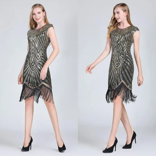 Vista 7 de PLULON 1920s Sequin Beaded Fringed Flapper Dress with 20s Accessories Set