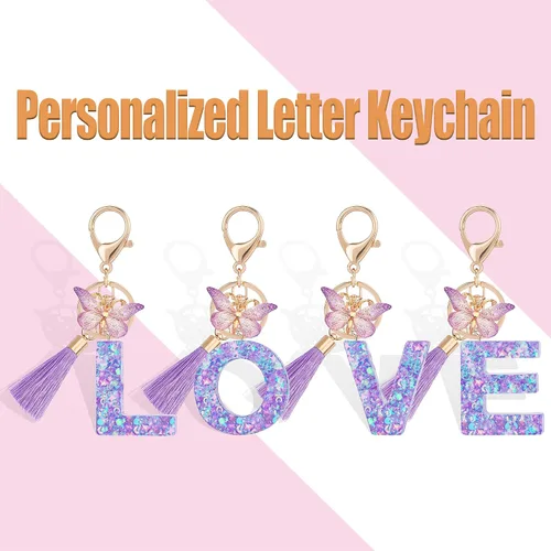 Vista 4 de Suweibuke Coloridos llaveros con letras iniciales para mujeres y niñas con borla de mariposa, dije para bolso, bolsos, mochilas
