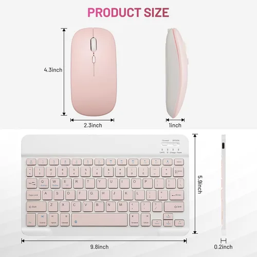 Vista 6 de Paquete de 2 teclados y mouse Bluetooth Combo de teclado inalámbrico portátil recargable para Apple iPad, iPhone, iOS 13 y superiores, Samsung, Rosa