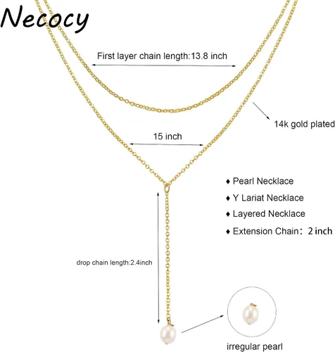 Vista 5 de Necocy Collares largos para mujer, chapado en oro de 14 quilates, collar de barra circular de perlas de circonita cúbica en forma de Y, collar