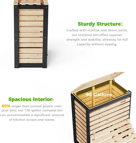 Vista 4 de Cubo de Compostaje de 95 Galones de Madera Sólida, Cubo de Compostaje para Exteriores con Puerta Deslizante, Cubo de Compostaje Grande para el Patio