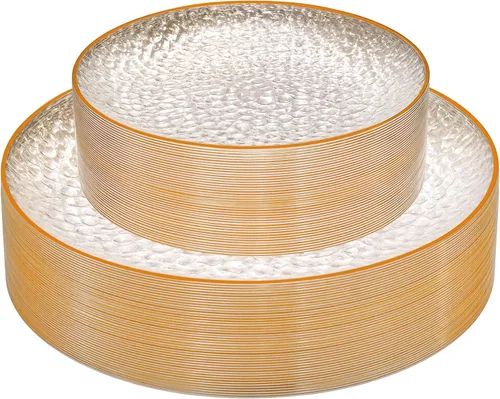 Vista 19 de Rubtlamp 60 platos de plástico, platos desechables de color marrón transparente, platos de plástico martillados resistentes, platos desechables
