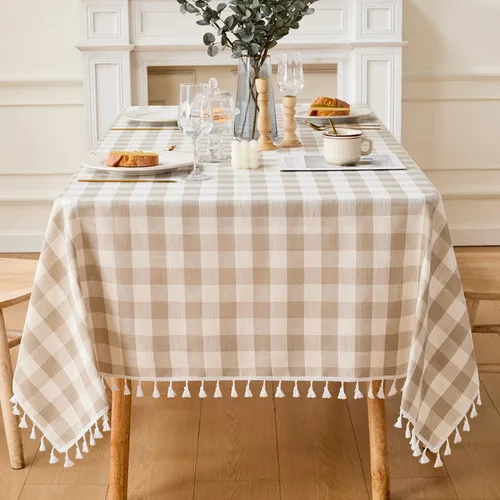 Vista 7 de JIALE - Mantel cuadrado de lino de algodón de cuadros Gingham con borlas, lavable, sin arrugas, mantel a cuadros de búfalo para fiesta al aire Beige