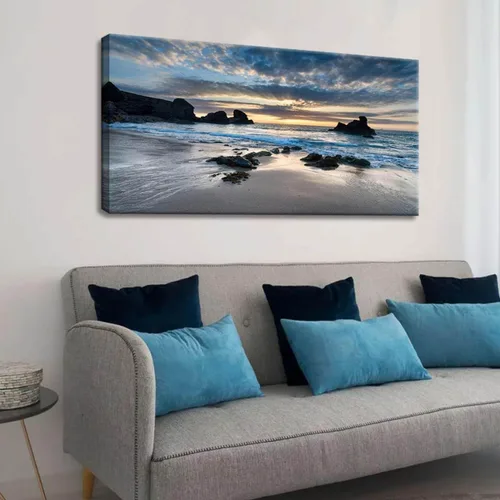 Vista 8 de Decoración de pared para sala de estar, lienzo impreso en lienzo con diseño de amanecer por la mañana en la playa, cuadro de paisaje azul