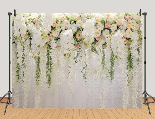Vista 6 de YQ - Telón de fondo floral de rosa blanca de 7 x 5 pies para fotografía de despedida de soltera, boda, flores, decoración de pared, fondo de fotos