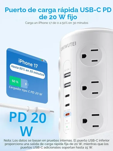 Vista 2 de Regleta de alimentación de torre con 1 puerto dedicado de carga rápida PD 20W, 12 tomas, 5 puertos USB (3 USB-C), protector de 1800J, estación