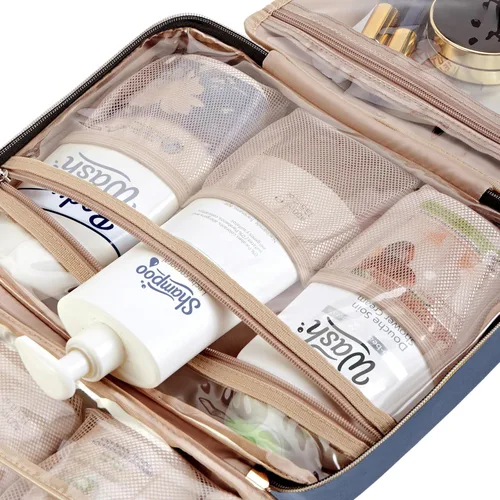 Vista 6 de NISHEL Neceser de viaje para mujer, organizador colgante y portátil para champú de tamaño completo, acondicionador, juego de cepillos y accesorios