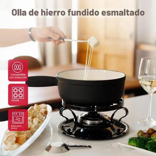 Vista 2 de Swissmar Lugano - Juego de fondue de queso de hierro fundido, 9 piezas, 2 cuartos de galón / 2 litros, ideal para derretir queso, chocolates Negro
