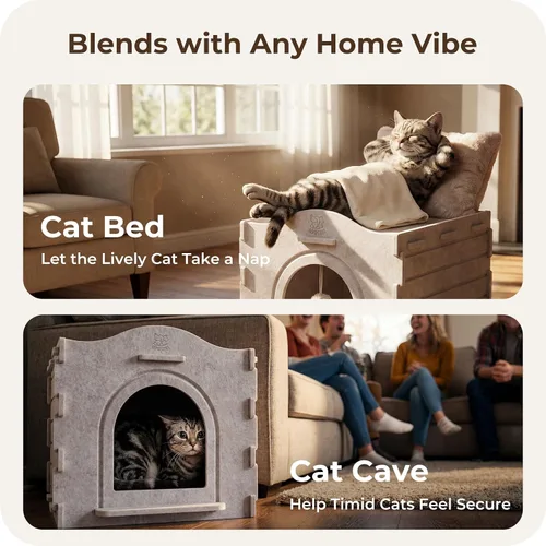 Vista 2 de Casas de interior para gatos de interior, cueva cubierta con aislamiento cálido para gatos de interior, fuerte capacidad resistente a los arañazos