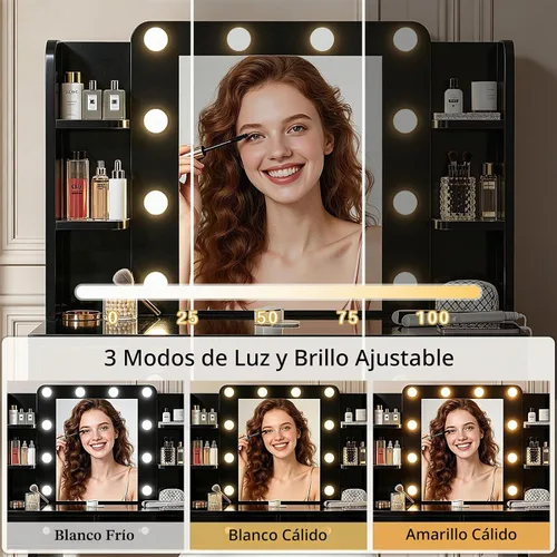 Vista 5 de Haewon Escritorio de maquillaje con espejo iluminado y juego de silla Negro