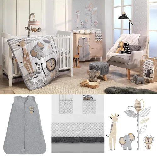 Vista 7 de Lambs & Ivy Jungle Safari - Juego de ropa de cama para cuna de bebé de 6 piezas, color gris/bronceado/blanco
