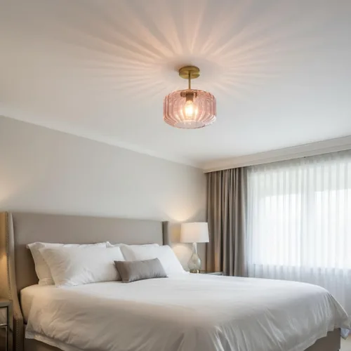 Vista 6 de Moderna lámpara de techo semiempotrada rosa rubor con base dorada cepillada, lámpara de dormitorio para dormitorio de niñas, guardería, pasillo