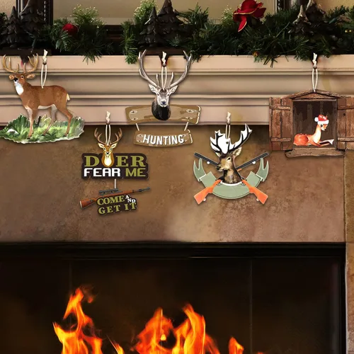Vista 4 de Amyhill 30 adornos de árbol de Navidad de madera para caza, ciervos, caza, adornos decorativos para colgar con pistola, adorno de Navidad, bosque