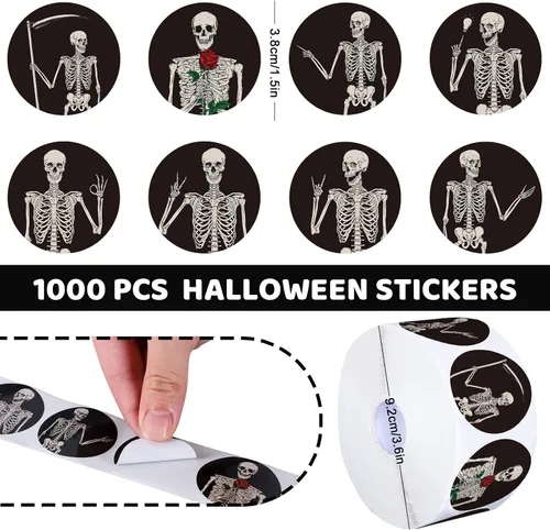 Vista 2 de Whaline 1000 calcomanías de Halloween, rollo autoadhesivo de esqueleto de Halloween, calcomanías de calavera de Halloween, calcomanías adhesivas