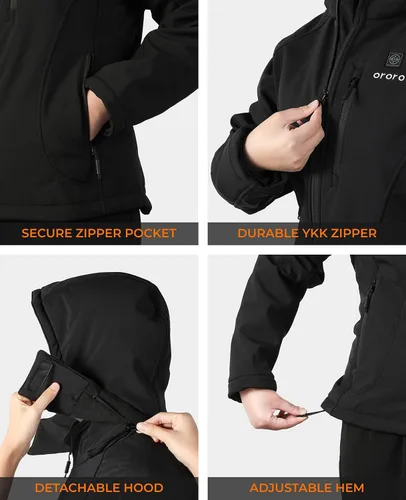 Vista 4 de Ororo - Chaqueta para mujer calefaccionada y ajustada con capucha desmontable y batería