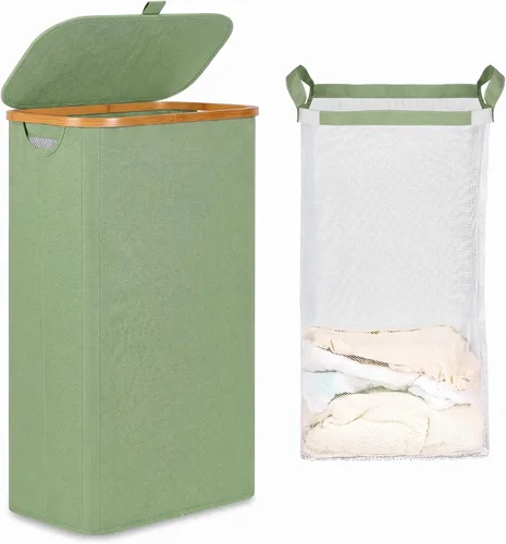 Vista 12 de iEGrow - Cesta de lavandería delgada de 65L, cesta de lavandería estrecha con tapa, cesta de ropa plegable con asas de bambú, cesta de lavandería