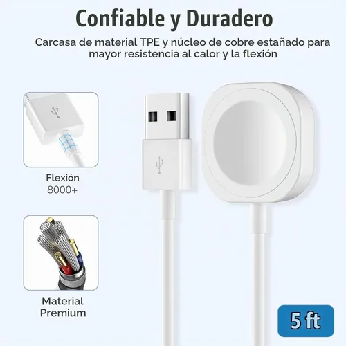 Vista 6 de Cargador USB iWatch compatible con cargador de Apple Watch, cable de carga rápida de 5 pies para i Watch Series 9, 8, 7, 6, 5, 4, 3, 2, SE/2, cable