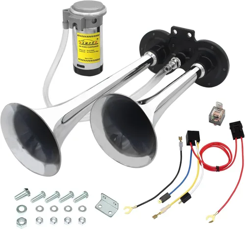 Vista 8 de GAMPRO Bocina de aire de 150db 12V, trompeta doble de zinc cromado con compresor para cualquier vehículo de 12 V (negro)